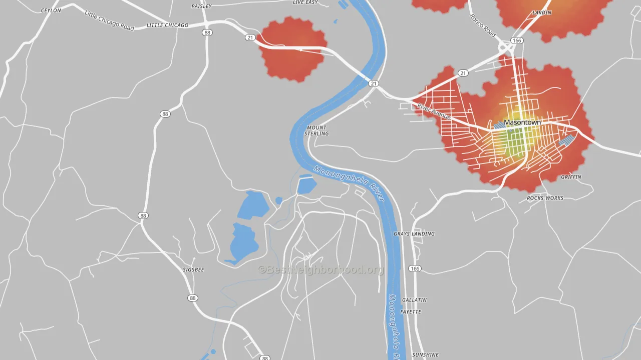 Walk Grade map of Mount Sterling, PA, walkable areas in green and car-dependent areas in red