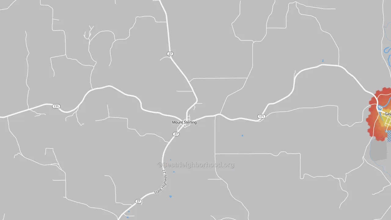 Walk Grade map of Mount Sterling, WI, walkable areas in green and car-dependent areas in red