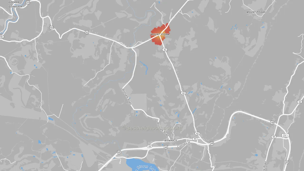 Walk Grade map of Mount Storm, WV, walkable areas in green and car-dependent areas in red