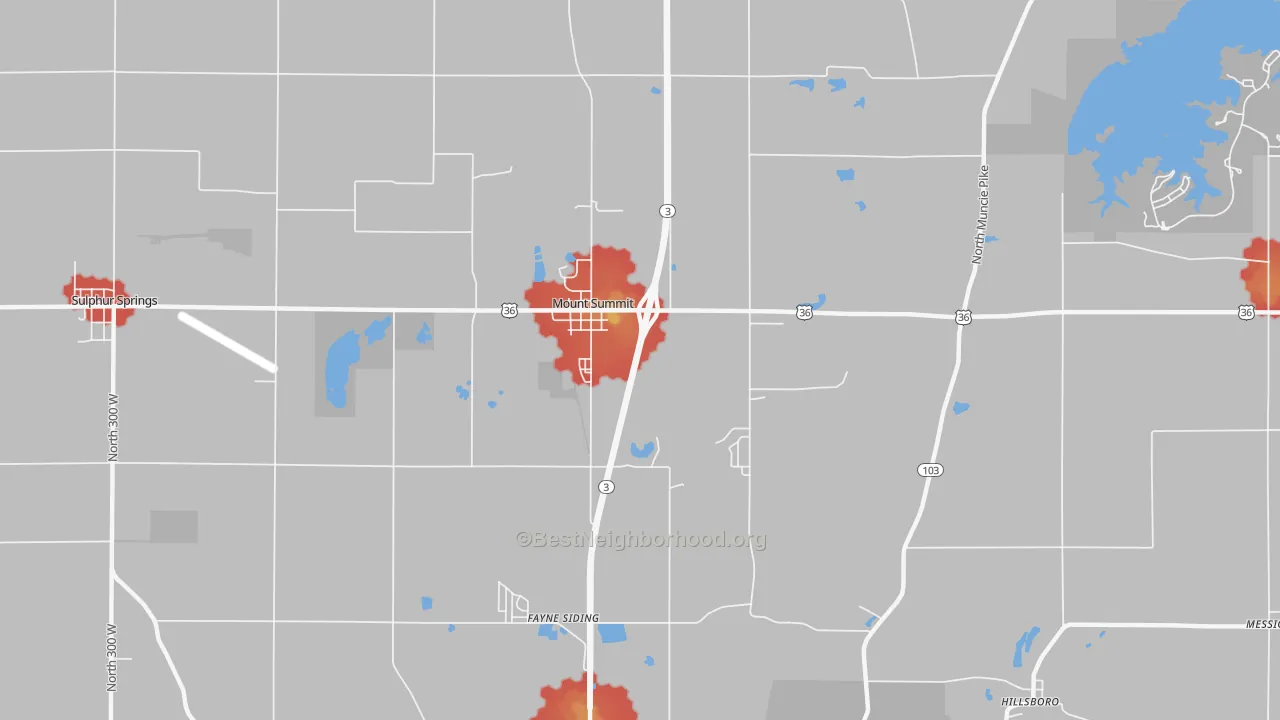 Walk Grade map of Mount Summit, IN, walkable areas in green and car-dependent areas in red