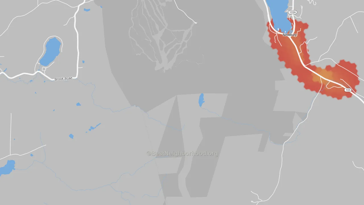 Walk Grade map of Mount Sunapee, NH, walkable areas in green and car-dependent areas in red