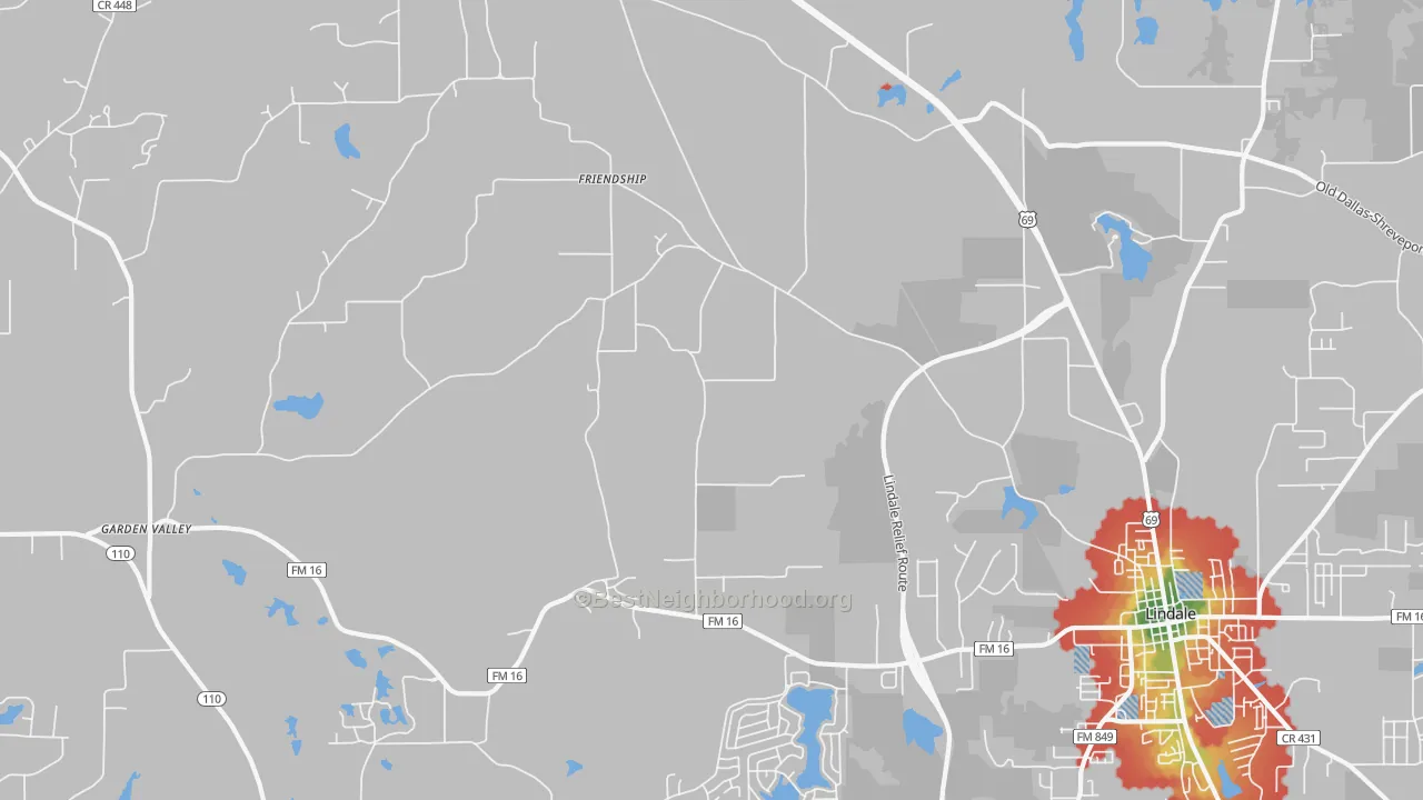Walk Grade map of Mount Sylvan, TX, walkable areas in green and car-dependent areas in red