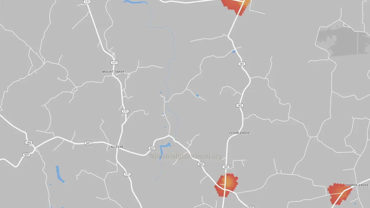 Walk Grade map of Mount Tabor, KY, walkable areas in green and car-dependent areas in red