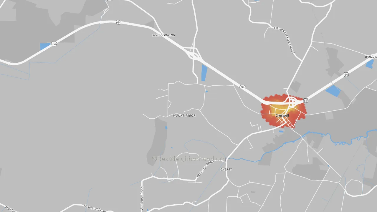 Walk Grade map of Mount Tabor, NC, walkable areas in green and car-dependent areas in red