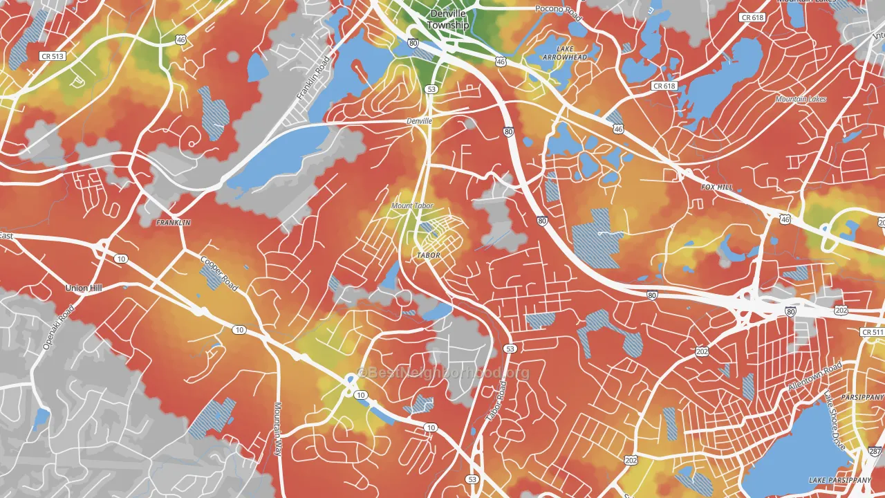 Walk Grade map of Mount Tabor, NJ, walkable areas in green and car-dependent areas in red