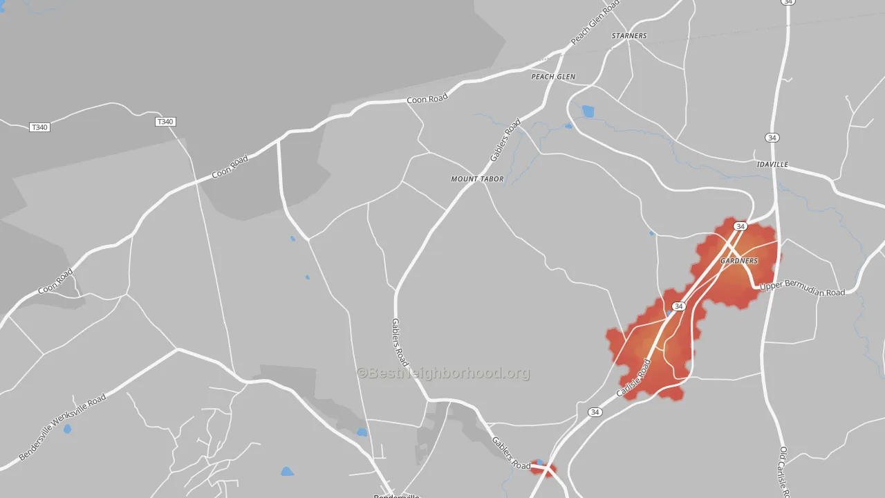 Walk Grade map of Mount Tabor, PA, walkable areas in green and car-dependent areas in red