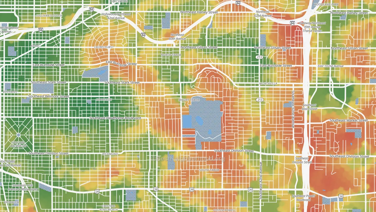 Walk Grade map of Mount Tabor, Portland, OR, walkable areas in green and car-dependent areas in red