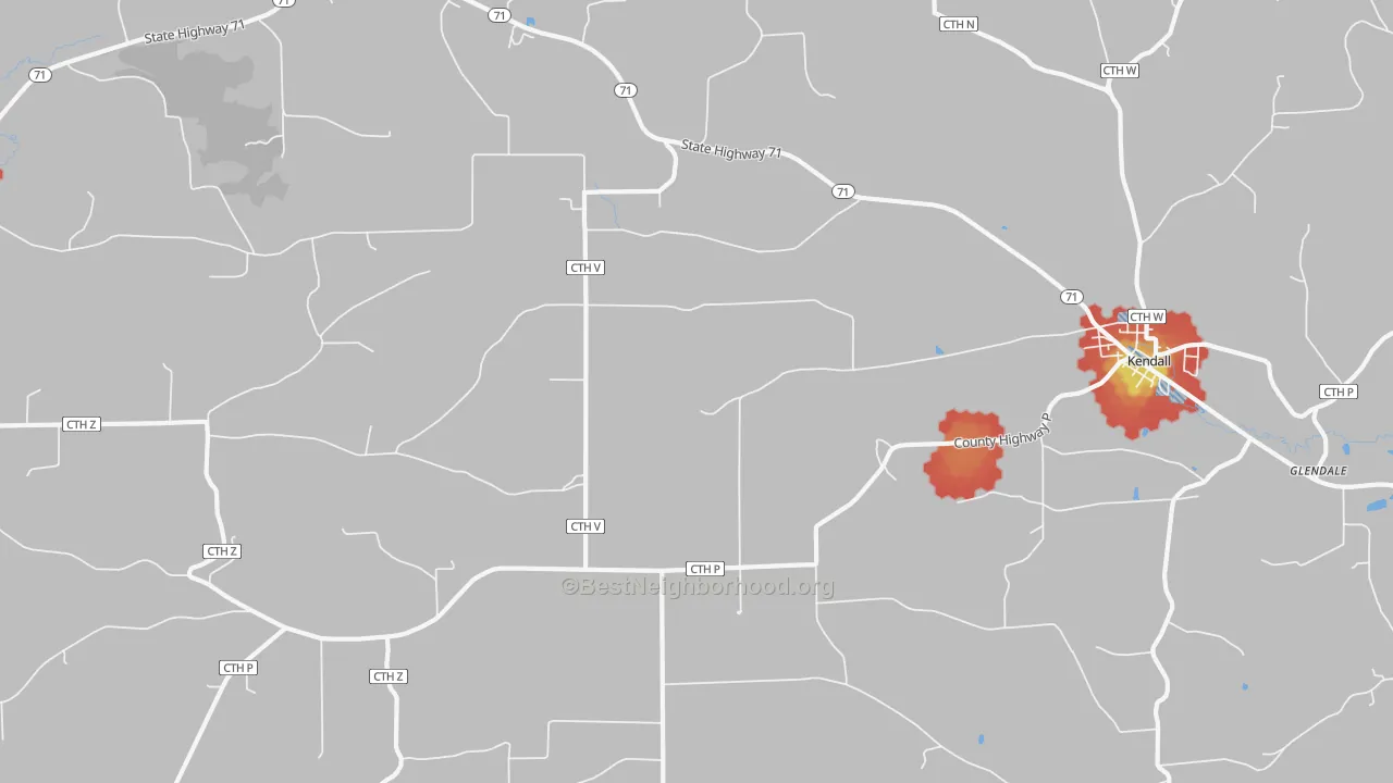 Walk Grade map of Mount Tabor, WI, walkable areas in green and car-dependent areas in red