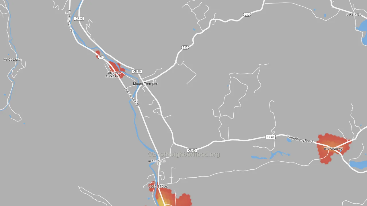 Walk Grade map of Mount Tremper, NY, walkable areas in green and car-dependent areas in red