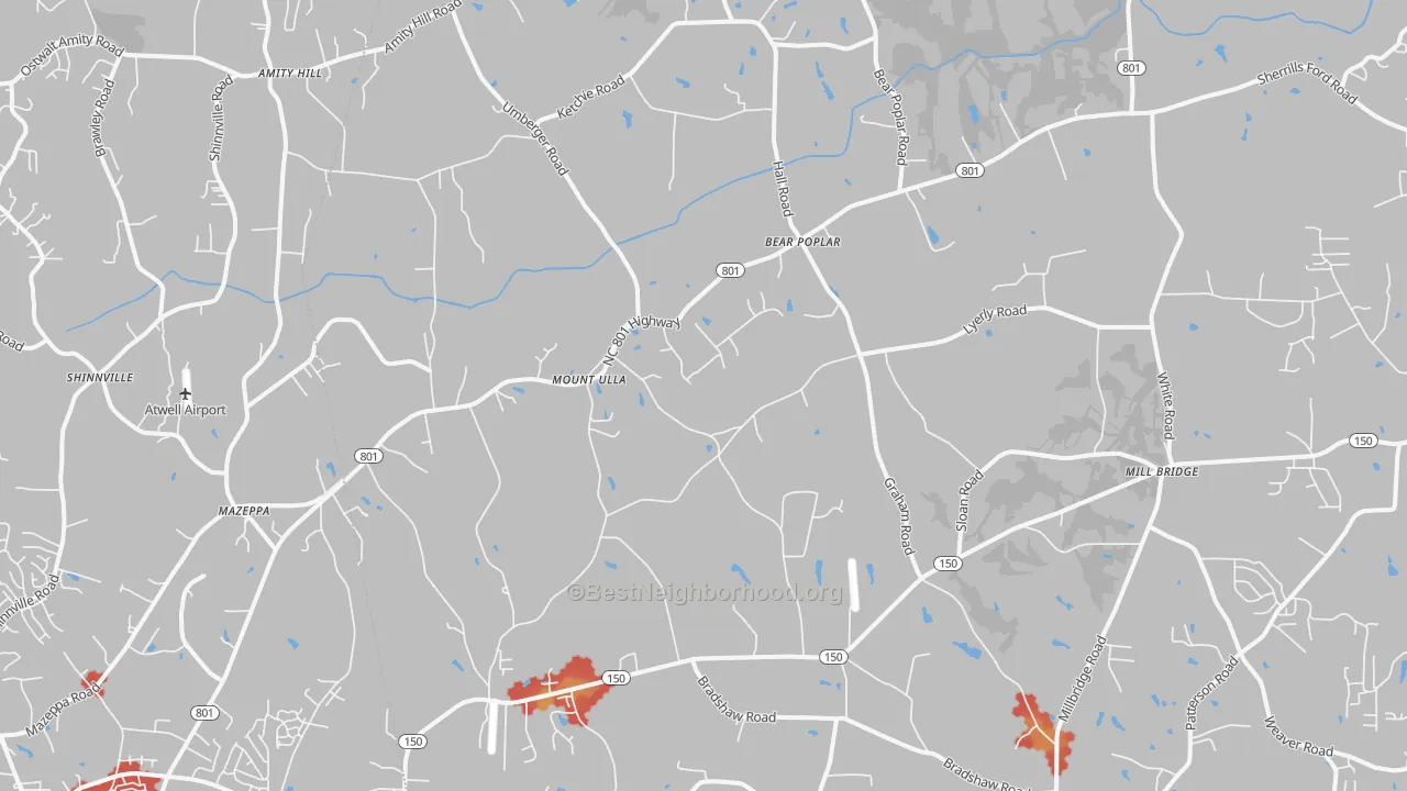 Walk Grade map of Mount Ulla, NC, walkable areas in green and car-dependent areas in red
