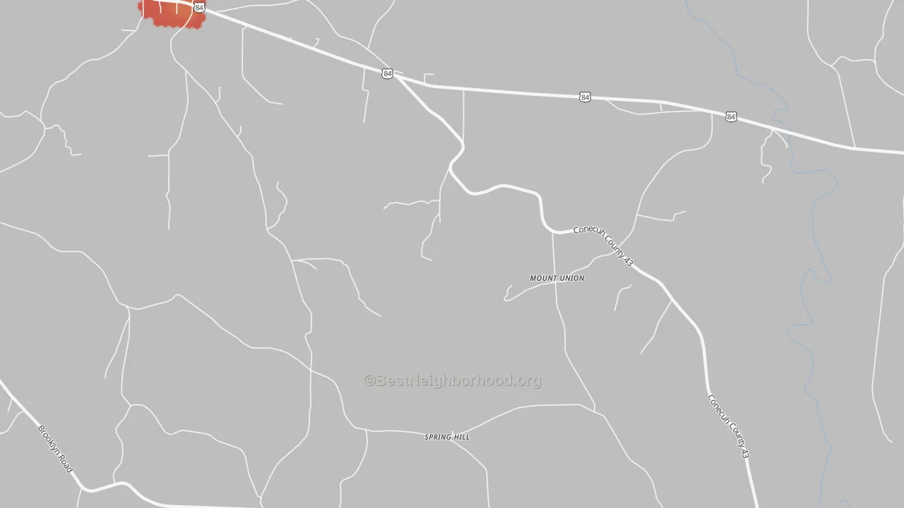 Walk Grade map of Mount Union, AL, walkable areas in green and car-dependent areas in red