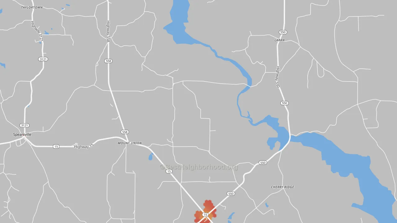 Walk Grade map of Mount Union, LA, walkable areas in green and car-dependent areas in red