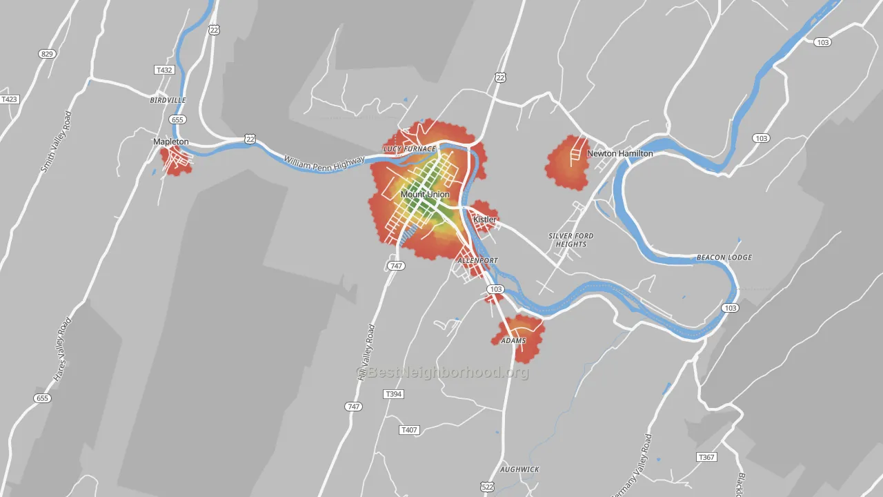 Walk Grade map of Mount Union, PA, walkable areas in green and car-dependent areas in red