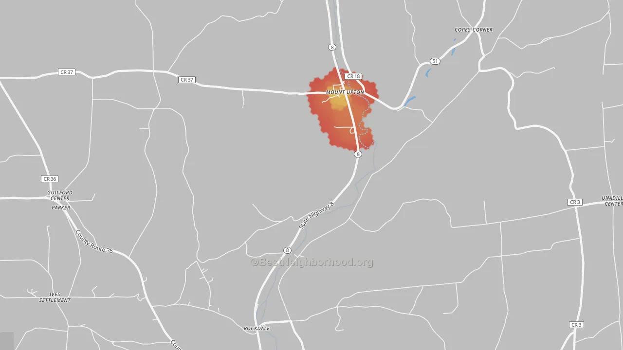 Walk Grade map of Mount Upton, NY, walkable areas in green and car-dependent areas in red
