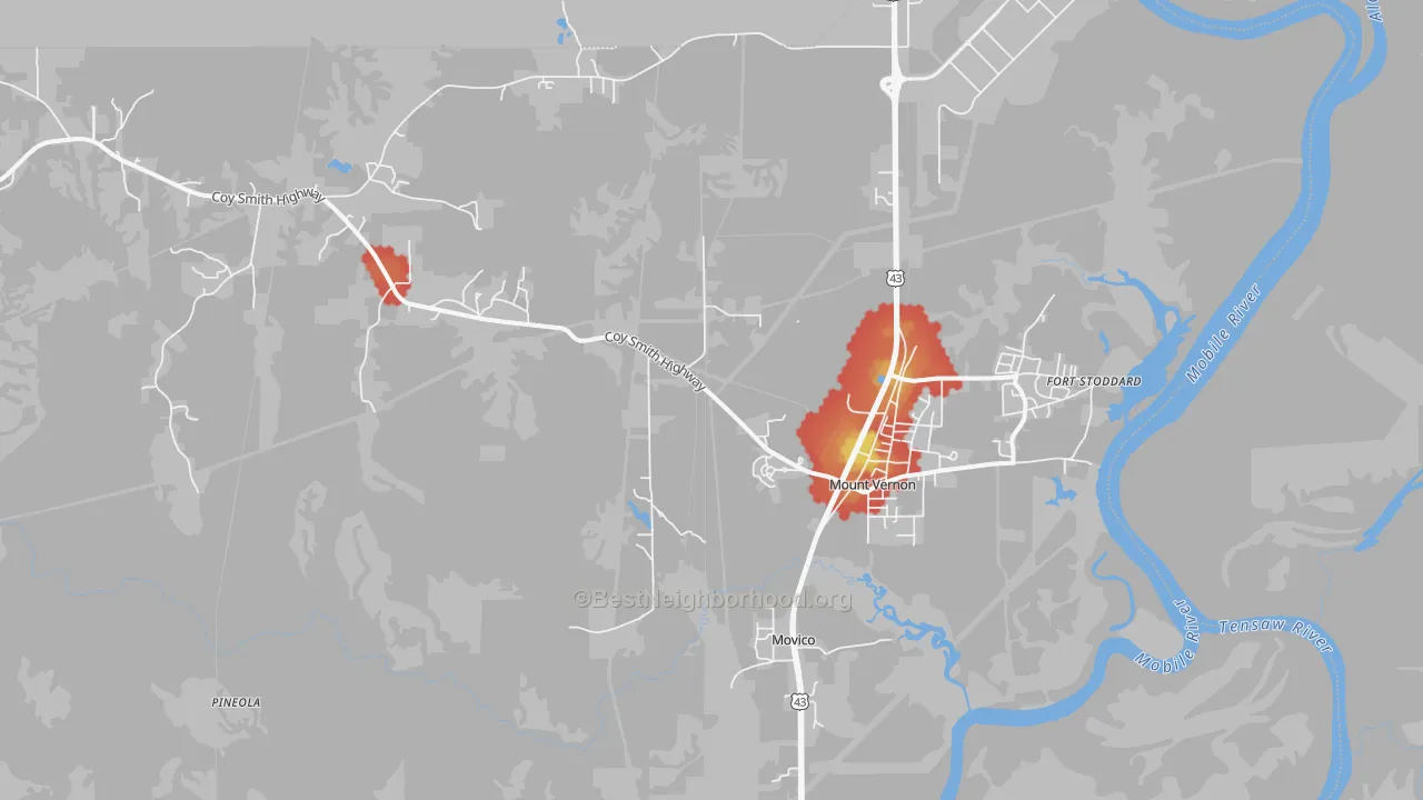 Walk Grade map of Mount Vernon, AL, walkable areas in green and car-dependent areas in red