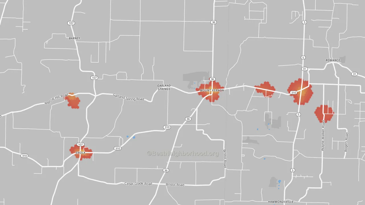 Walk Grade map of Mount Vernon, AR, walkable areas in green and car-dependent areas in red