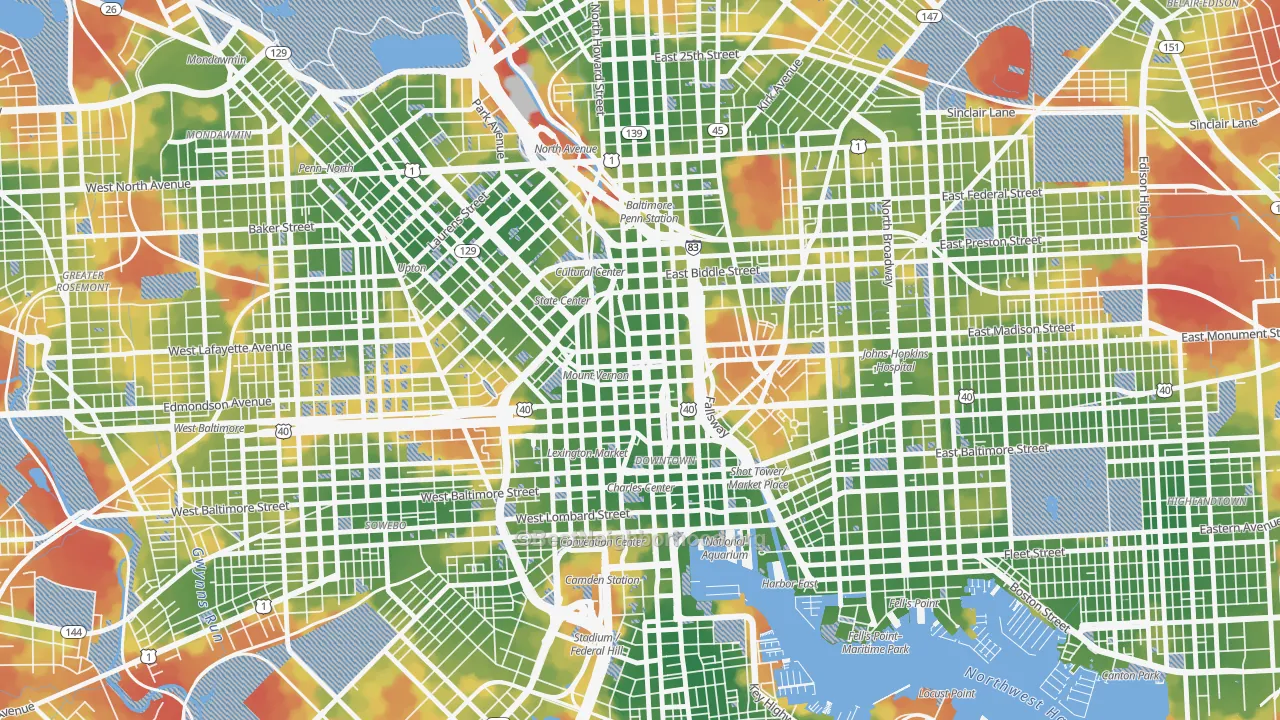 Walk Grade map of Mount Vernon, Baltimore, MD, walkable areas in green and car-dependent areas in red