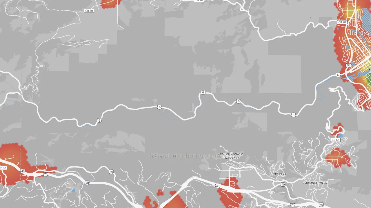 Walk Grade map of Mount Vernon Club Place, CO, walkable areas in green and car-dependent areas in red