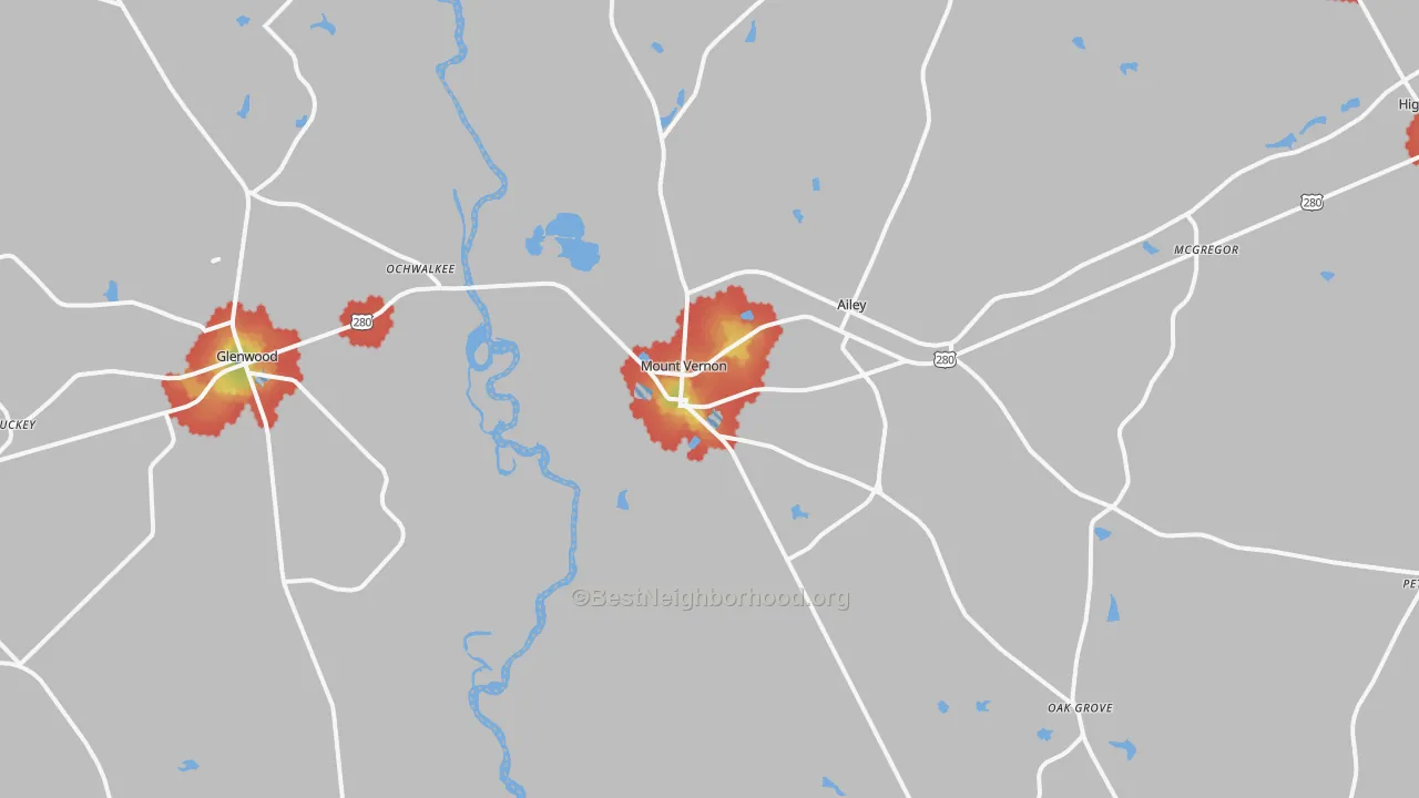 Walk Grade map of Mount Vernon, GA, walkable areas in green and car-dependent areas in red