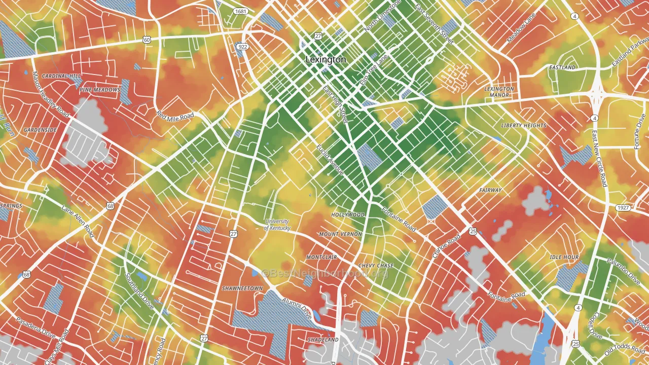 Walk Grade map of Mount Vernon-Hollywood-Montclair, Lexington, KY, walkable areas in green and car-dependent areas in red