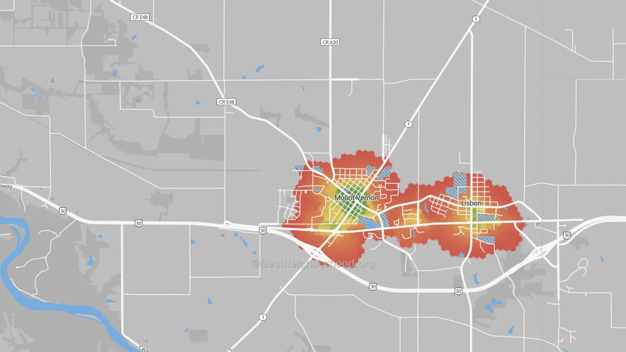 Walk Grade map of Mount Vernon, IA, walkable areas in green and car-dependent areas in red