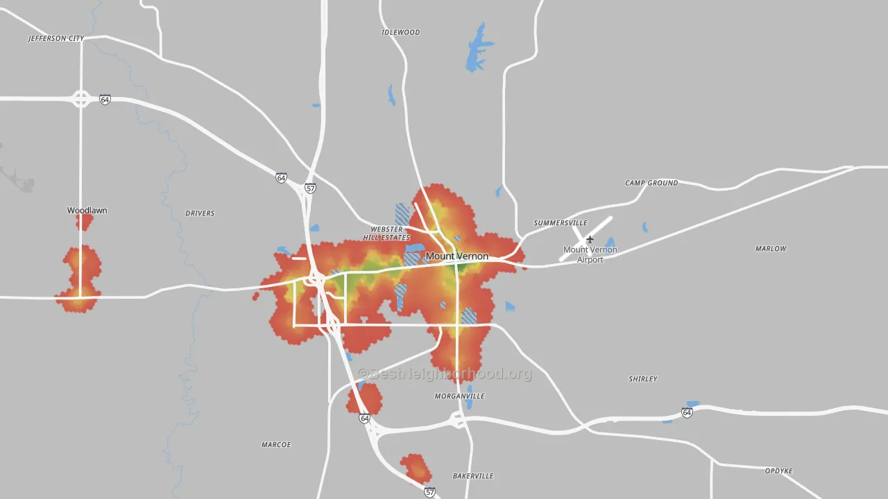 Walk Grade map of Mount Vernon, IL, walkable areas in green and car-dependent areas in red