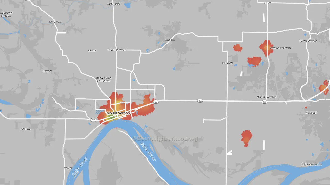 Walk Grade map of Mount Vernon, IN, walkable areas in green and car-dependent areas in red