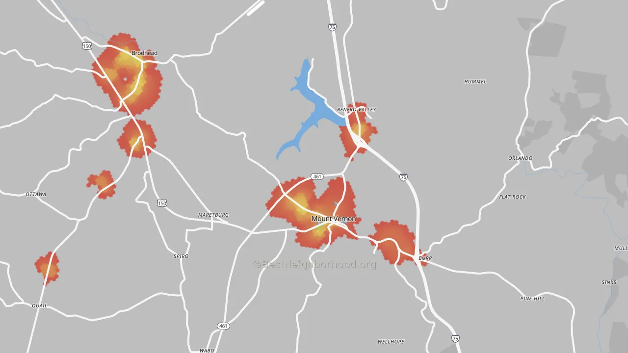 Walk Grade map of Mount Vernon, KY, walkable areas in green and car-dependent areas in red