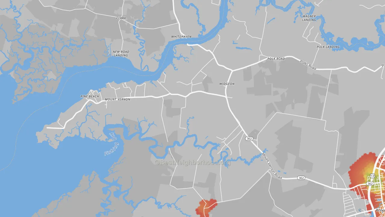 Walk Grade map of Mount Vernon, MD, walkable areas in green and car-dependent areas in red