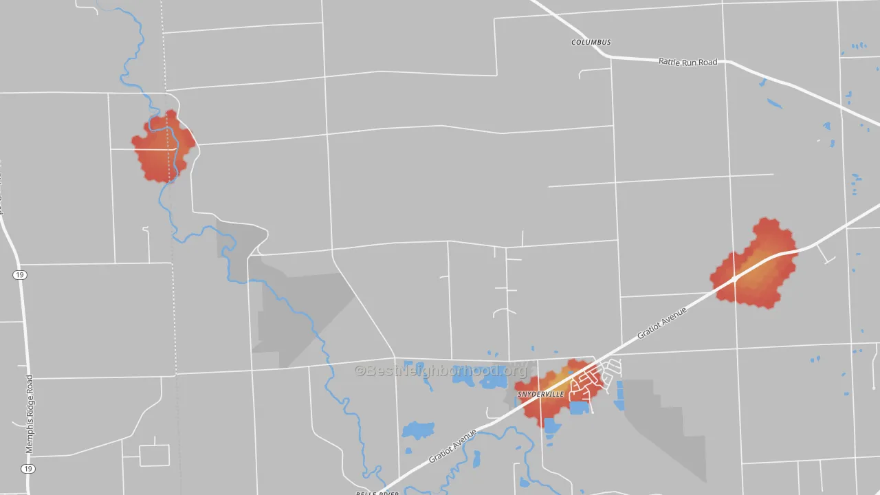 Walk Grade map of Mount Vernon, MI, walkable areas in green and car-dependent areas in red