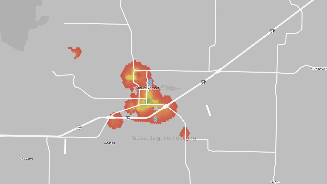 Walk Grade map of Mount Vernon, MO, walkable areas in green and car-dependent areas in red