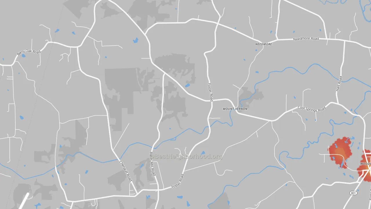 Walk Grade map of Mount Vernon, NC, walkable areas in green and car-dependent areas in red