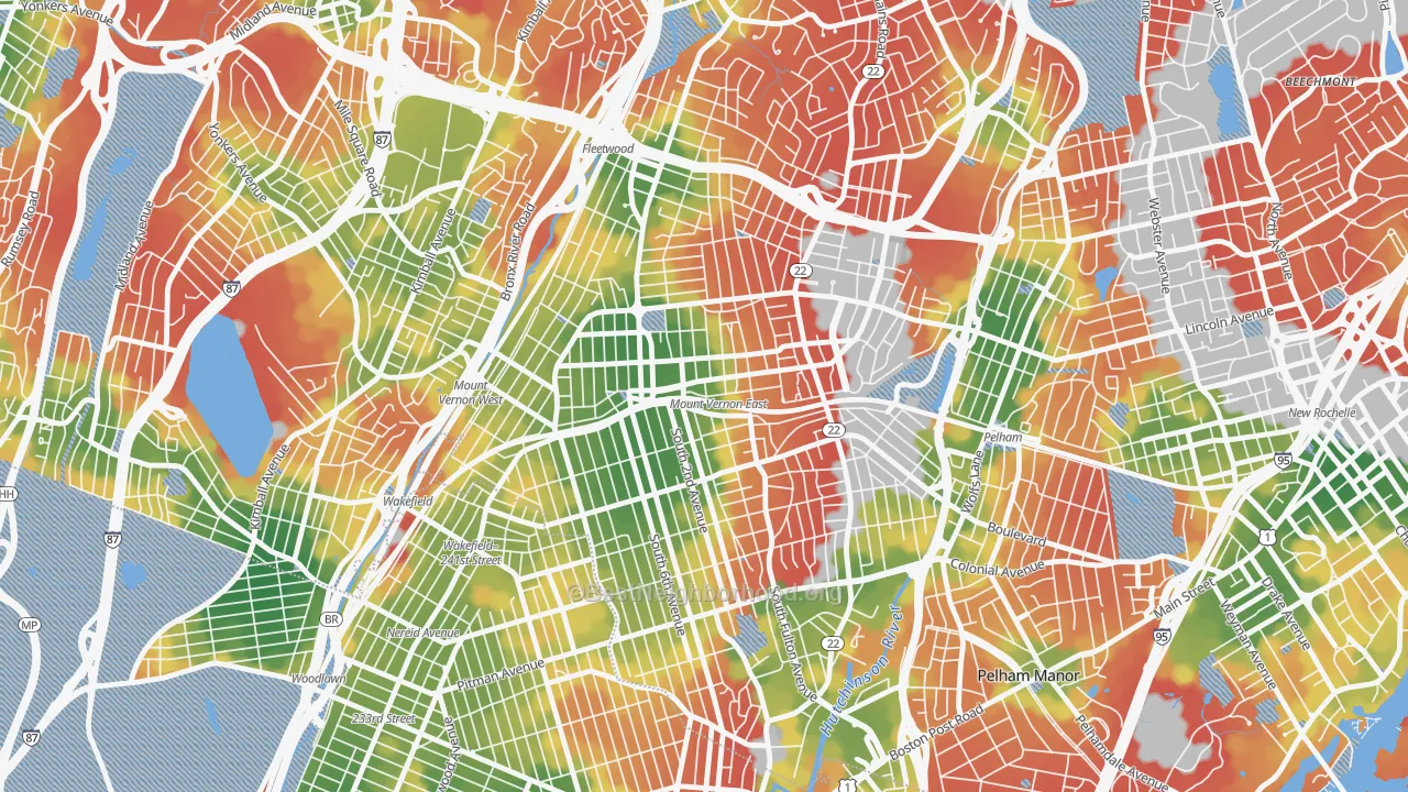 Walk Grade map of Mount Vernon, NY, walkable areas in green and car-dependent areas in red