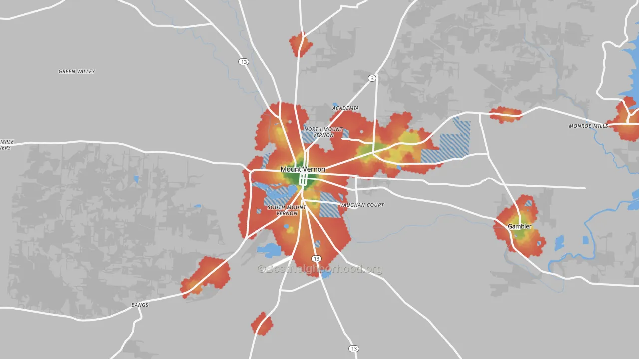 Walk Grade map of Mount Vernon, OH, walkable areas in green and car-dependent areas in red