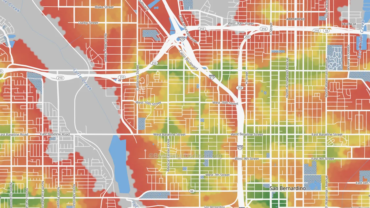 Walk Grade map of Mount Vernon, San Bernardino, CA, walkable areas in green and car-dependent areas in red