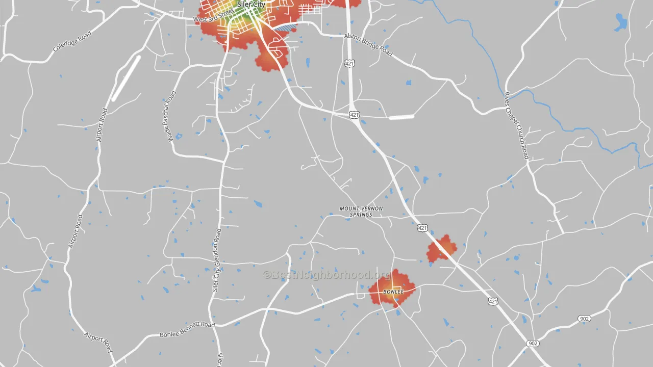 Walk Grade map of Mount Vernon Springs, NC, walkable areas in green and car-dependent areas in red