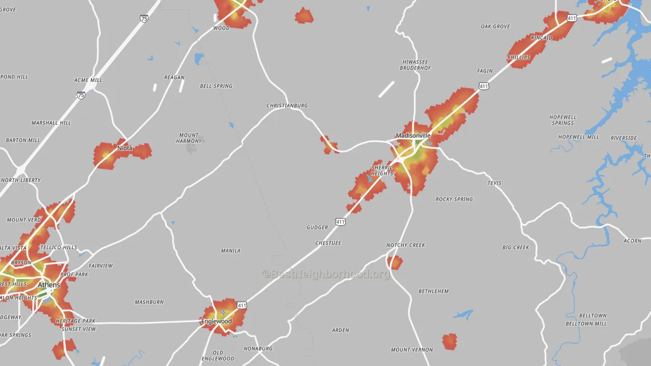 Walk Grade map of Mount Vernon, TN, walkable areas in green and car-dependent areas in red