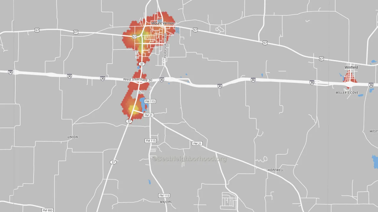 Walk Grade map of Mount Vernon, TX, walkable areas in green and car-dependent areas in red
