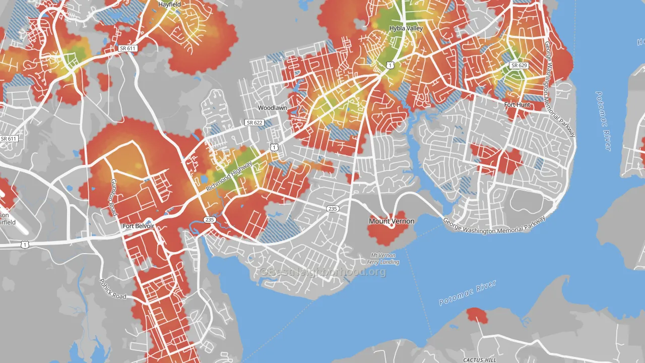 Walk Grade map of Mount Vernon, VA, walkable areas in green and car-dependent areas in red