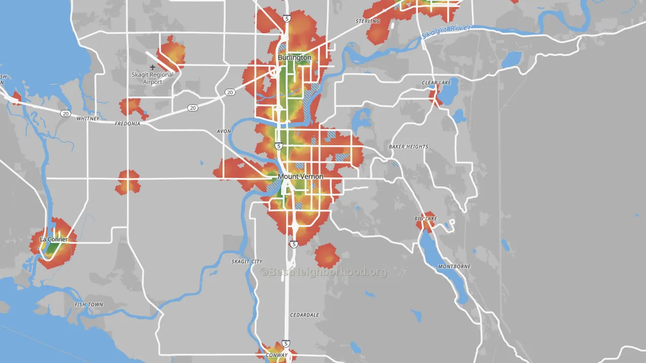 Walk Grade map of Mount Vernon, WA, walkable areas in green and car-dependent areas in red