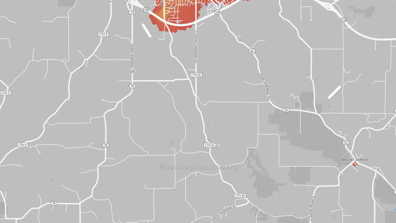Walk Grade map of Mount Vernon, WI, walkable areas in green and car-dependent areas in red