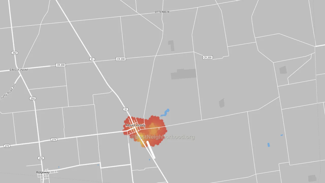 Walk Grade map of Mount Victory, OH, walkable areas in green and car-dependent areas in red