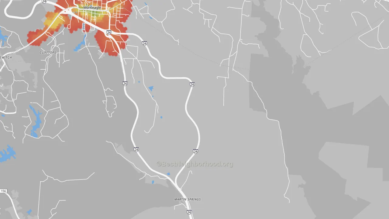 Walk Grade map of Mount View, TN, walkable areas in green and car-dependent areas in red