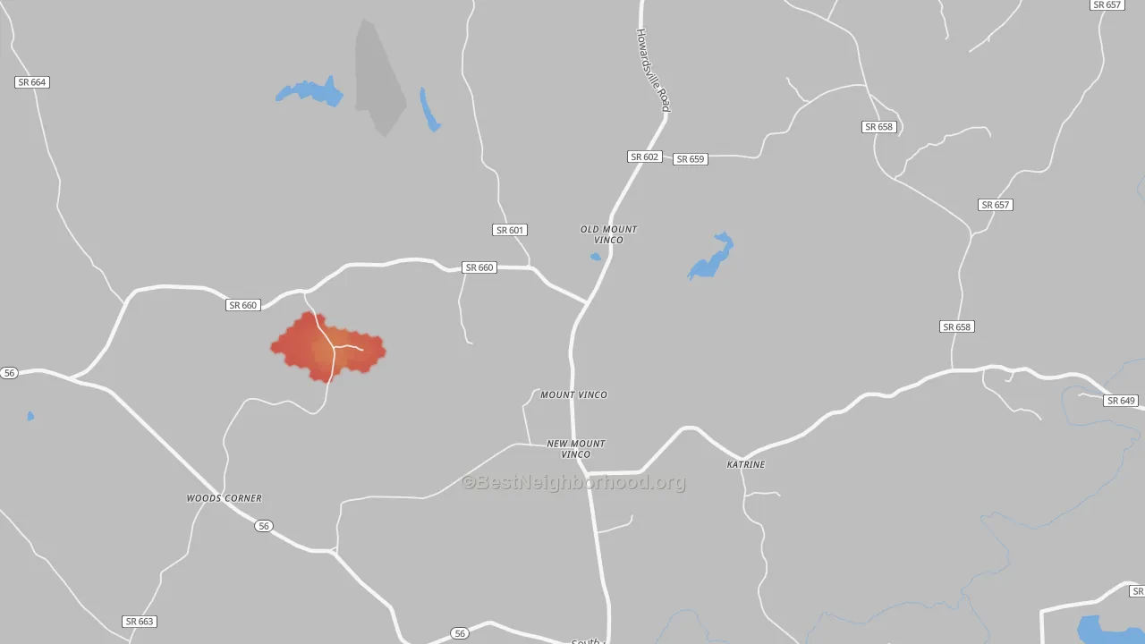 Walk Grade map of Mount Vinco, VA, walkable areas in green and car-dependent areas in red