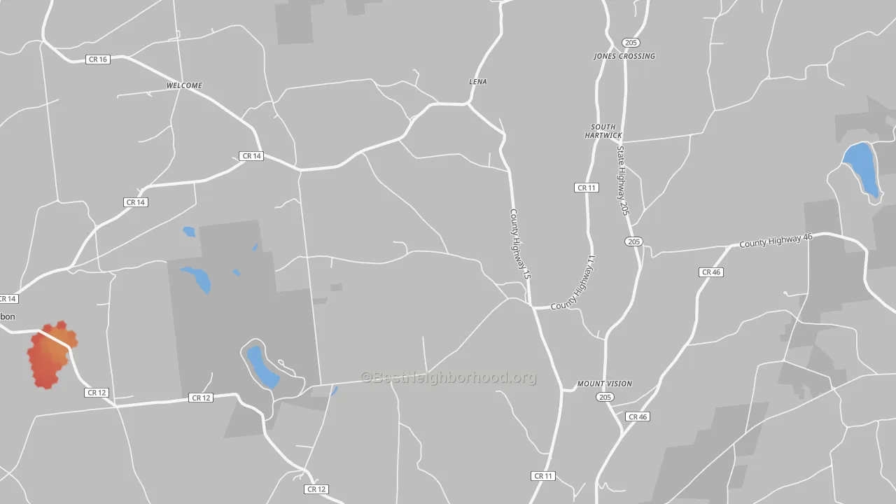 Walk Grade map of Mount Vision, NY, walkable areas in green and car-dependent areas in red