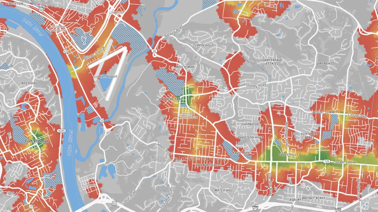 Walk Grade map of Mount Washington, Cincinnati, OH, walkable areas in green and car-dependent areas in red