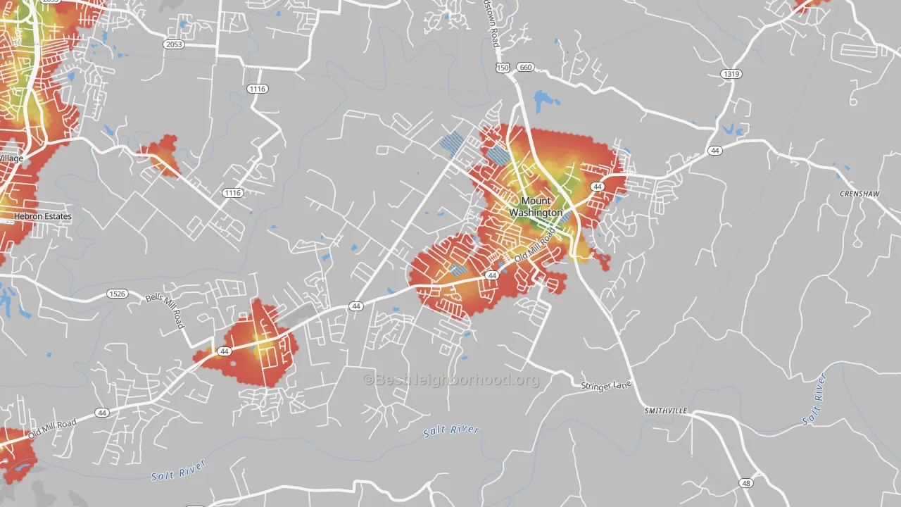 Walk Grade map of Mount Washington, KY, walkable areas in green and car-dependent areas in red