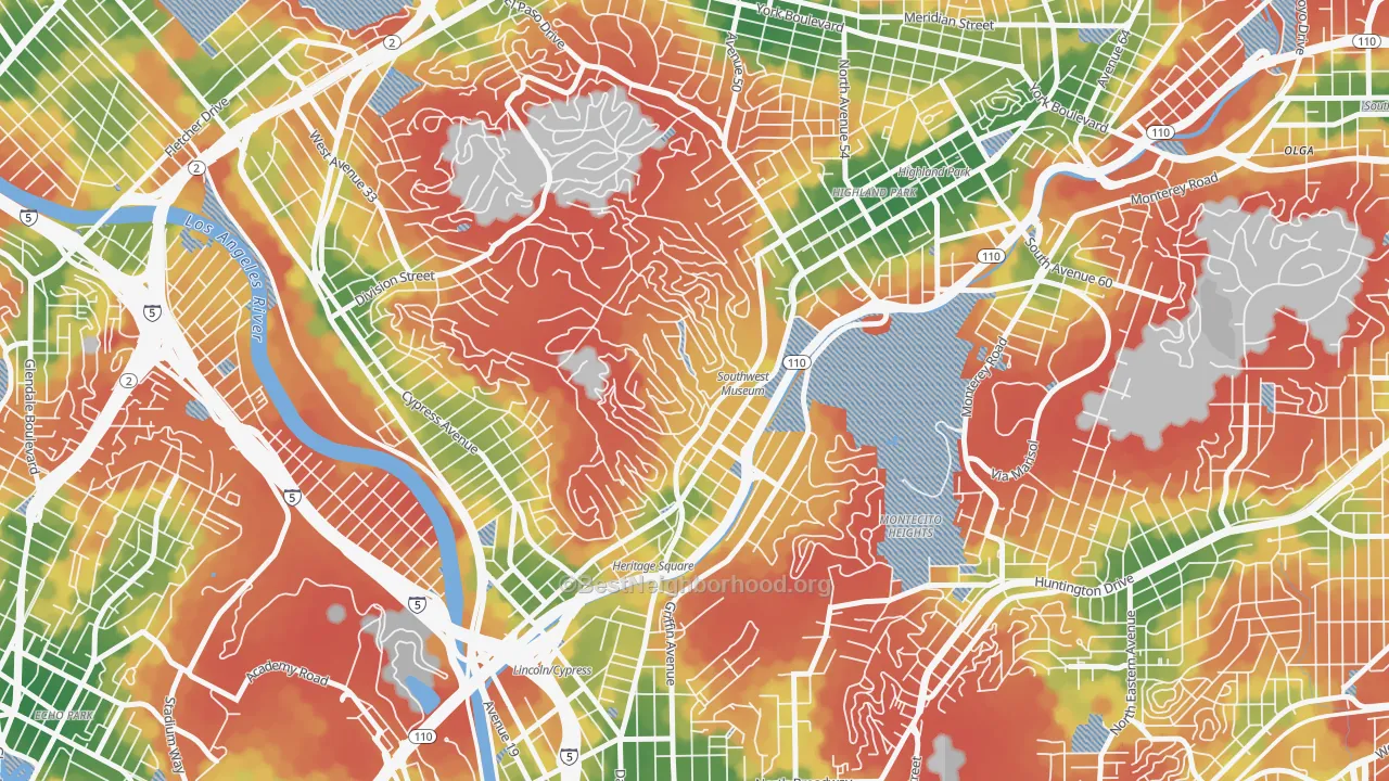 Walk Grade map of Mount Washington, Los Angeles, CA, walkable areas in green and car-dependent areas in red