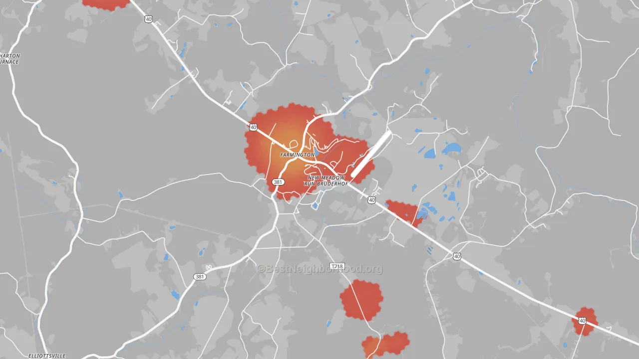 Walk Grade map of Mount Washington, PA, walkable areas in green and car-dependent areas in red