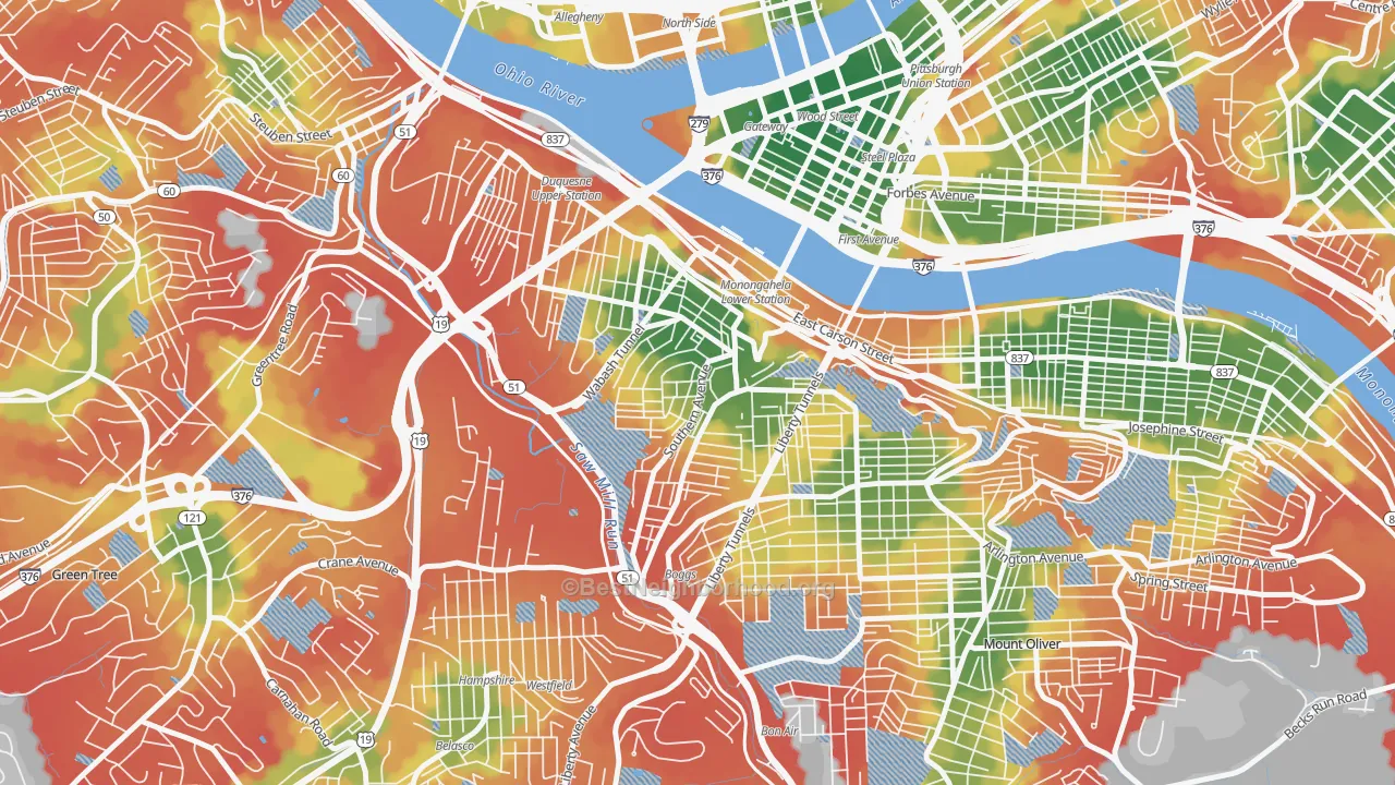 Walk Grade map of Mount Washington, Pittsburgh, PA, walkable areas in green and car-dependent areas in red